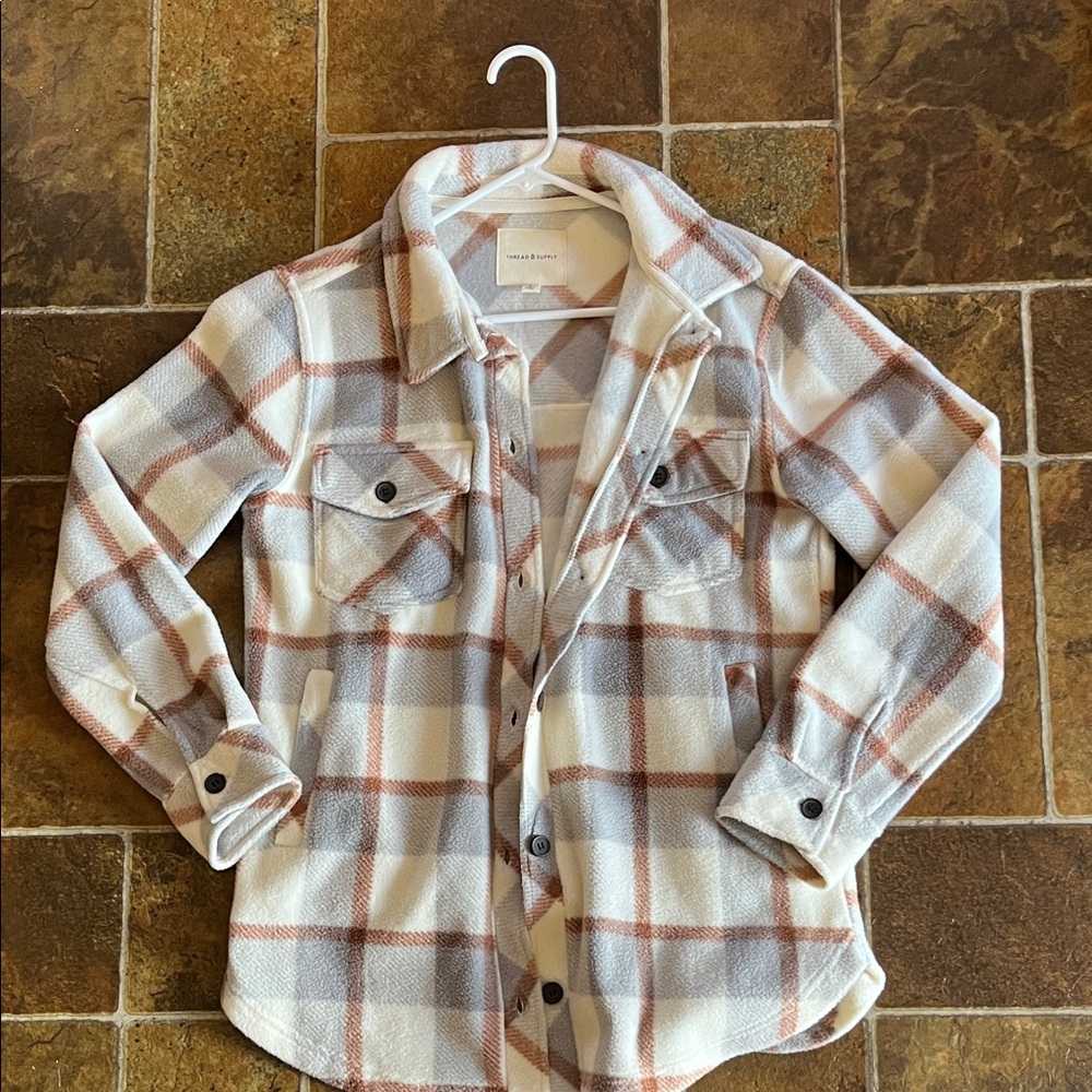 Thread & Supply Plaid Jacket in Cream and Brown.
